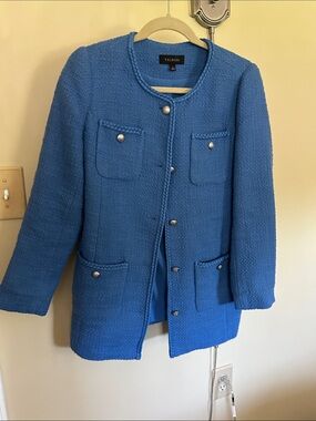 Talbots Bright Blue Bouclé Collarless Blazer with Braided Trim